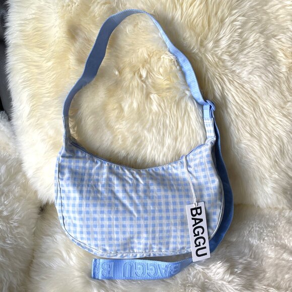 NWT Baggu Medium Crescent Bag - Light Blue Gingham - Picture 2 of 6
